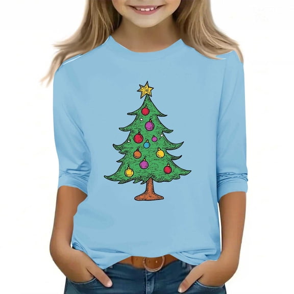 CLOISE Boys Girls Kids 3/4 Sleeve Tops Christmas Crew Neck Shirt Christmas Tree Graphic Pullover Fall Winter Clothes