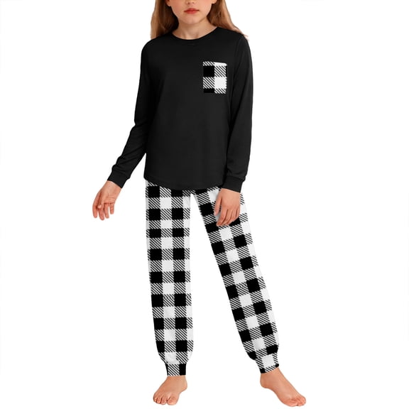 CLOISE Boys Girls Pajamas 2 Piece Set Pjs Sets Long Sleeve Crewneck Tops and Joggers Plaid Lounge Set Sleepwear Black 7T