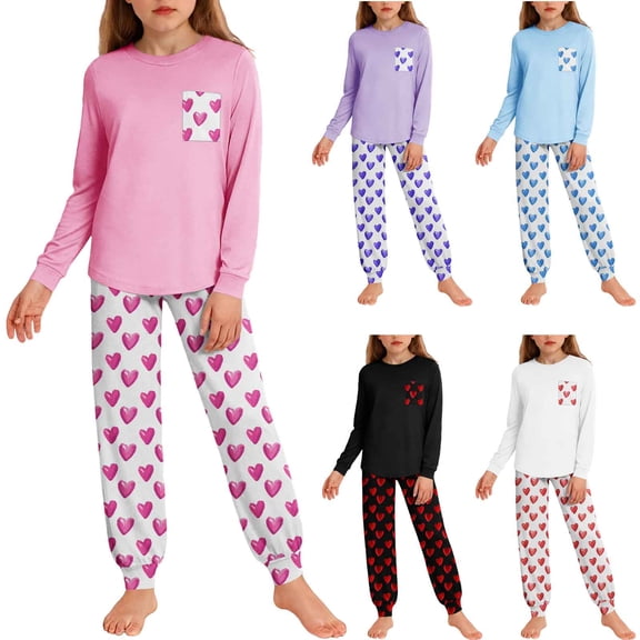 CLOISE Boys Girls Sleepwear Pajamas Set Valentines Pjs Sets Pockets Long Sleeve Tops and Joggers Heart Lounge Set 2 Piece Loungewear Pink