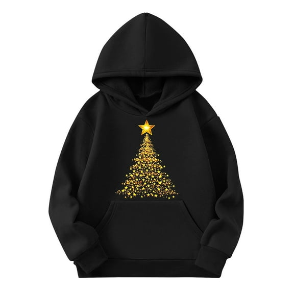 CLOISE Boys Hoodie Girls Teen Christmas Black Long Sleeve Hooded Sweatshirt Tops with Pocket Christmas Tree Print Casual Fashion Fall Winter Clothes 4-14T
