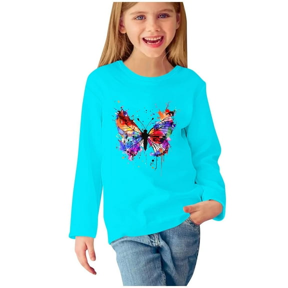 CLOISE Boys White T Shirt Girls Toddler Long Sleeve Crew Neck Tops Butterfly Outfits Fall Winter Clothes Light Blue 3T
