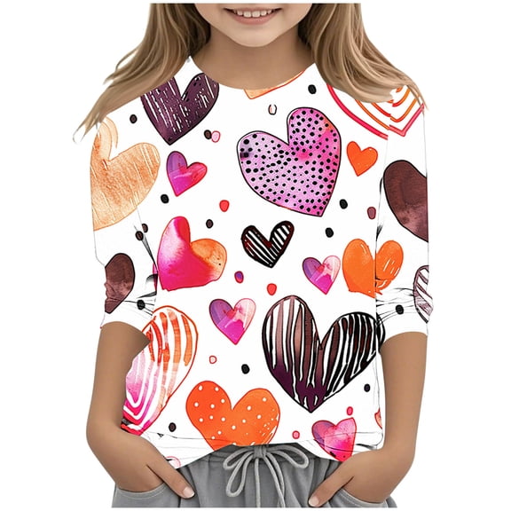 CLOISE Boys White T Shirt Girls Youth 3/4 Sleeve Crew Neck Tops Heart Casual Fashion Fall Winter Clothes Multicolor 110