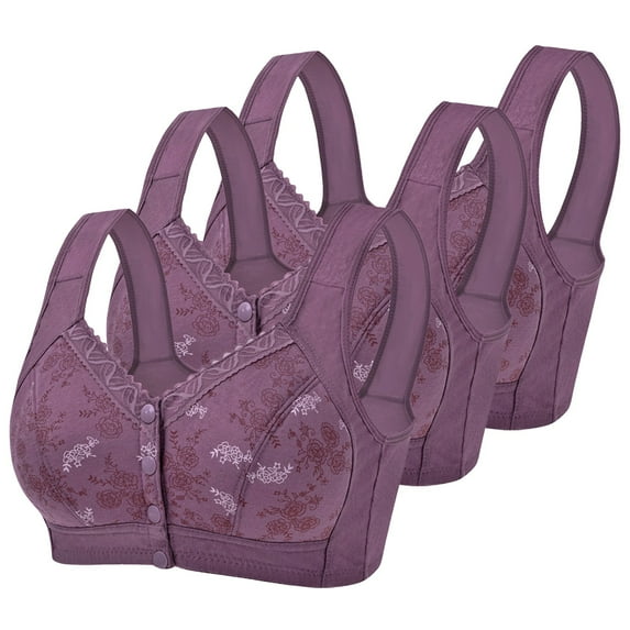 CLOISE Bralettes for Women Fashion Plus Size 3 Pack Front Closure No Underwire Bras for Seniors Wireless Full Coverage Push up Front Snap Bra Older Women Lace Everyday Bras Purple M