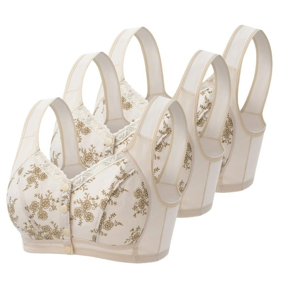 CLOISE Bralettes for Women with Support Plus Size 3 Pack Front Closure No Underwire Bras for Seniors Wireless Full Coverage Push up Front Snap Bra Older Women Lace Everyday Bras Beige 3XL