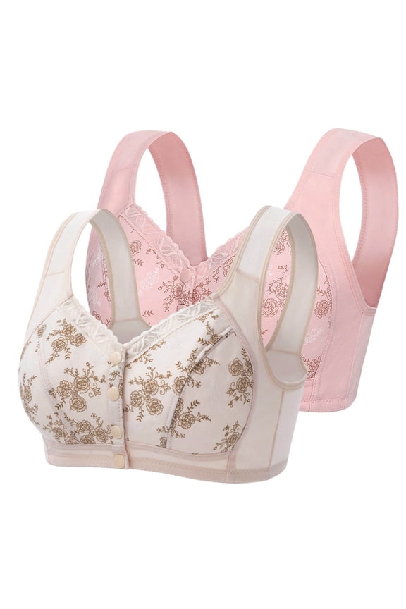 Bralettes for Women Working out Plus Size 2 Pack Front Closure Full Coverage No Underwire Bras for Seniors Wireless Push up Bras with Back Support Lace Everyday Bras Red 4XL