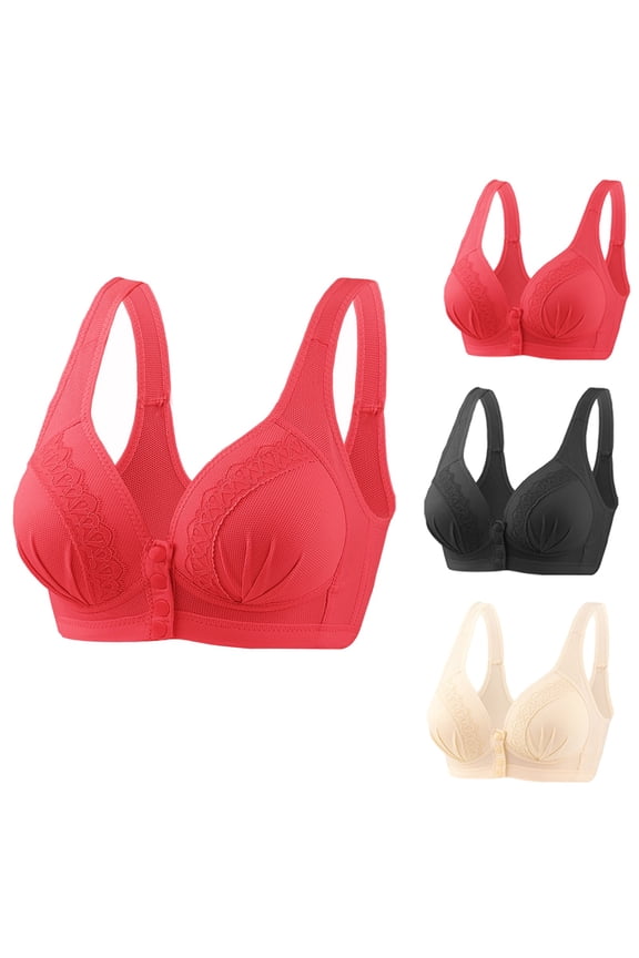 Bras for Older Women Front Closure 3 Pack Front Closure No Underwire Push up Bras Wireless Front Close Medium Support Sports Bras Comfort Soft Lace Sleeping Everyday Bras Black M
