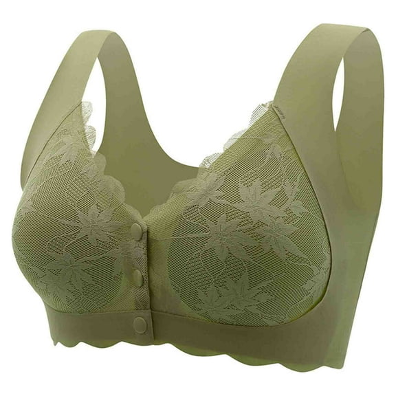 CLOISE Bras for Older Women Front Closure Front Closure Full Coverage No Underwire Bras Front Snaps Seniors High Support Wireless Push up Bra Older Women Lace Everyday Bras Green M
