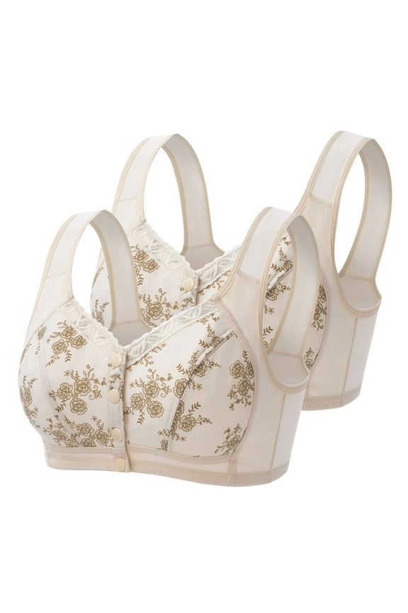 Bras for Older Women Front Closure Plus Size 2 Pack Front Closure No Underwire Bras for Seniors Wireless Full Coverage Push up Front Snap Bra Older Women Lace Everyday Bras Beige XL