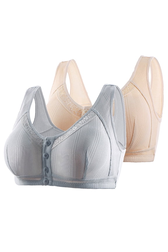 Bras for Women Front Closure 2 Pack Front Closure Full Coverage No Underwire Cotton Bras Front Snaps Seniors High Support Wireless Push up Bra Older Women Lace Everyday Bras Beige 46