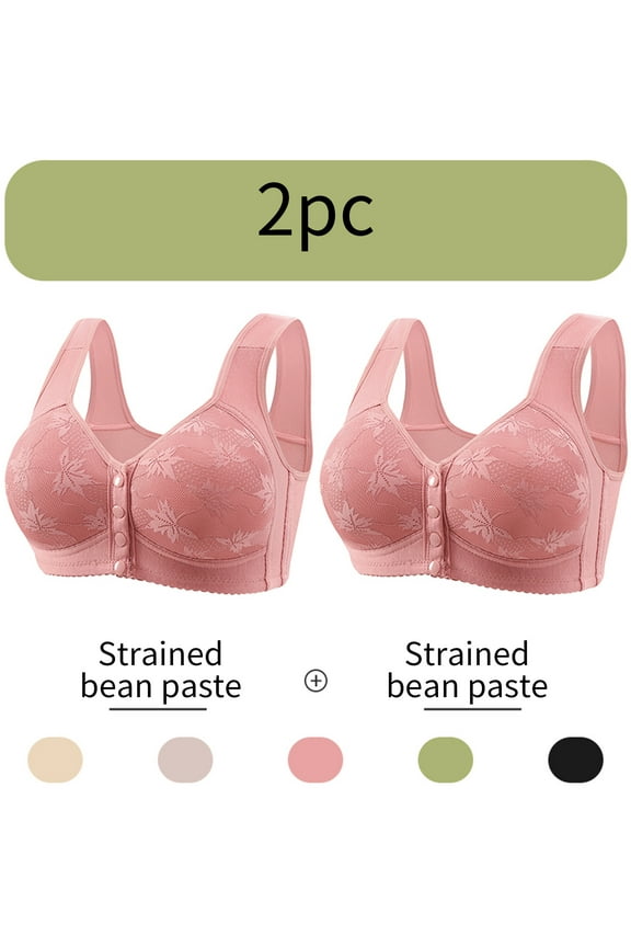 Bras for Women Front Closure Plus Size 2 Pack Front Closure Full Coverage No Underwire Bras for Seniors Wireless Front Close Push up Bras with Back Support Lace Everyday Bras Pink XL