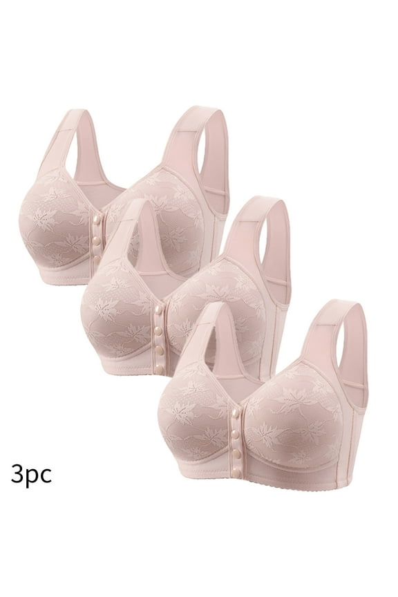 Bras for Women Front Closure Plus Size 3 Pack Front Closure Full Coverage No Underwire Bras for Seniors Wireless Front Close Push up Bras with Back Support Lace Everyday Bras Khaki 4XL
