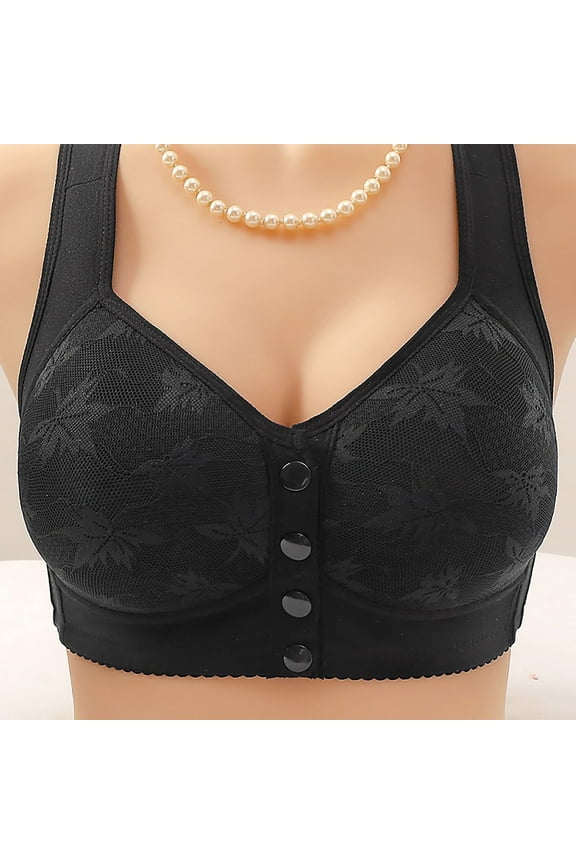 Bras for Women Front Closure Plus Size Front Closure Full Coverage No Underwire Bras for Seniors Wireless Front Close Push up Bras with Back Support Lace Everyday Bras Black XL
