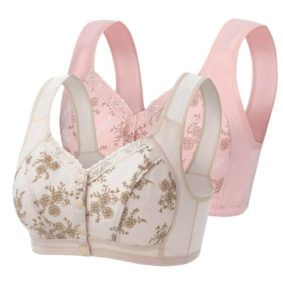 CLOISE Bras for Women Plus Size 2 Pack Front Closure Full Coverage No Underwire Bras for Seniors Comfort Wireless Front Close Push up Bras with Back Support Lace Everyday Bras Red L