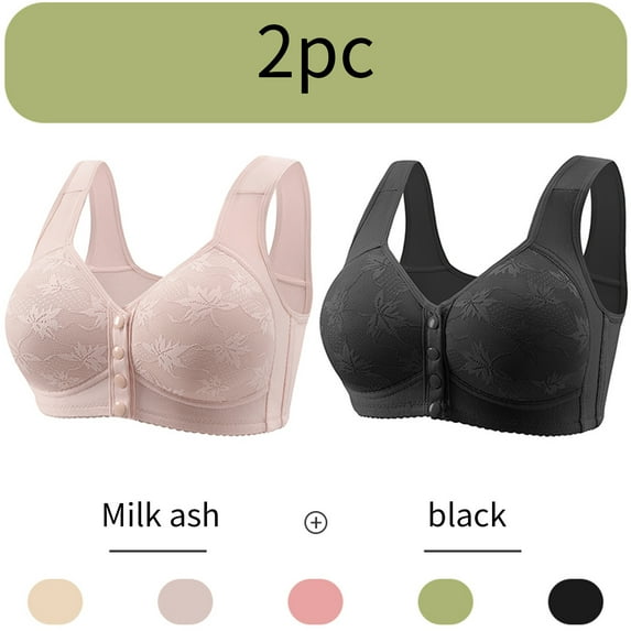 CLOISE Bras for Women Plus Size 2 Pack Front Closure No Underwire Bras for Seniors Wireless Full Coverage Push up Front Snap Bra Older Women Comfort Lace Sleeping Everyday Bras Beige XL