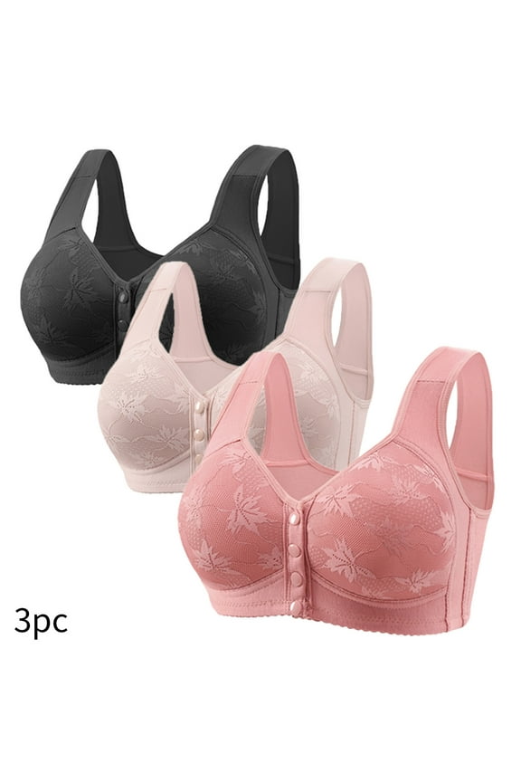 Bras for Women Plus Size 3 Pack Front Closure Full Coverage No Underwire Bras for Seniors Comfort Wireless Front Close Push up Bras with Back Support Lace Everyday Bras Black XL