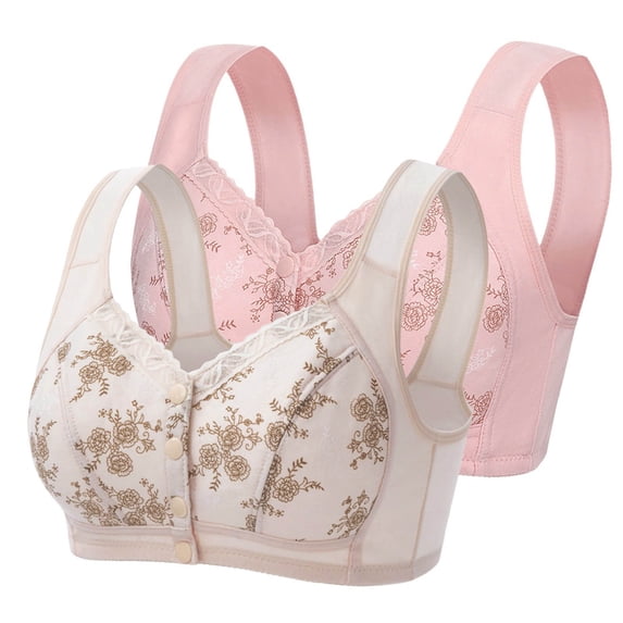 CLOISE Bras for Women No Underwire Push up Plus Size 2 Pack Front Closure Full Coverage No Underwire Bras for Seniors Wireless Push up Bras with Back Support Lace Everyday Bras Red XL