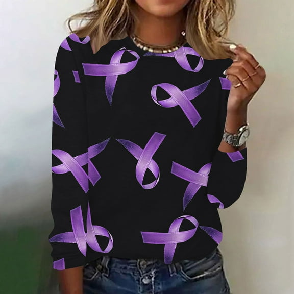 CLOISE Breast Cancer Blouses Women Long Sleeve Crew Neck Tshirts Ribbon Oversized Breast Cancer Support Shirts Fashion Loose Blouses Cancer Awareness in October Outfits Purple XL