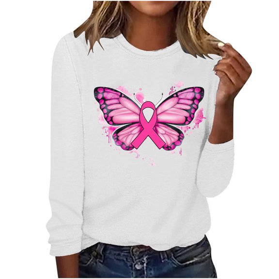 CLOISE Breast Cancer Blouses Women Long Sleeve Crewneck Tshirts Butterfly Ribbon Pink Breast Cancer Awareness Tee Shirts Cute Comfort Shirts Cancer Fight Clothes White L