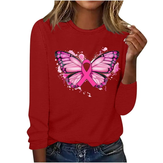 CLOISE Breast Cancer Blouses Women Long Sleeve Crewneck Tshirts Butterfly Ribbon Pink Breast Cancer Survivor Gifts Tee Shirts Cute Comfy Shirts Cancer Support Clothes Red XL