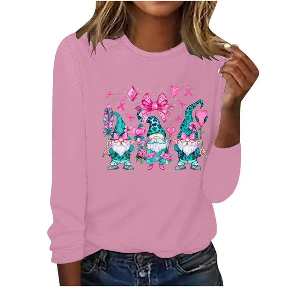 CLOISE Breast Cancer Blouses Women Long Sleeve Crewneck Tshirts Gnomes Ribbon Pink Breast Cancer Awareness Tee Shirts Cute Comfort Shirts Cancer Fight Clothes Pink L
