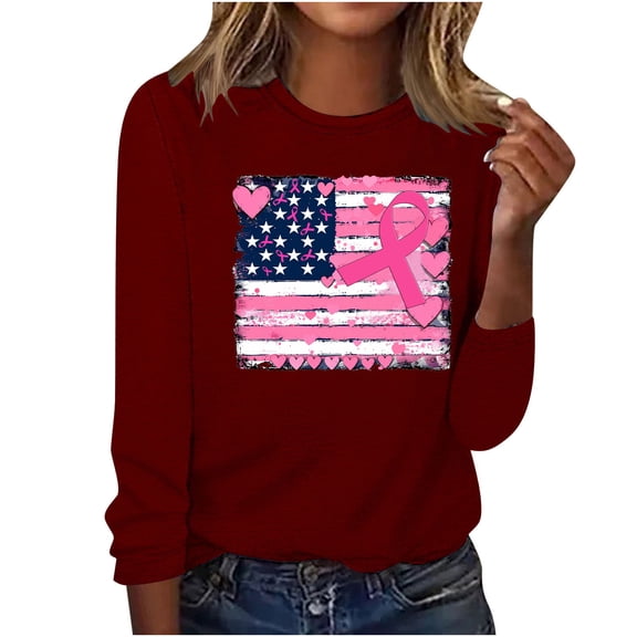 CLOISE Breast Cancer Blouses Women Long Sleeve Crewneck Tshirts Ribbon Pink Breast Cancer Awareness Tee Shirts Cute Casual Shirts Cancer Fight Clothes Wine M