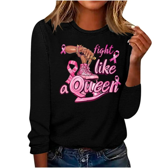 CLOISE Breast Cancer Blouses Women Long Sleeve Crewneck Tshirts Ribbon Pink Breast Cancer Awareness Tee Shirts Cute Comfort Shirts Cancer Fight Clothes Black L