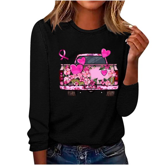 CLOISE Breast Cancer Blouses Women Long Sleeve Crewneck Tshirts Ribbon Pink Breast Cancer Awareness Tee Shirts Cute Loose Shirts Cancer Fight Clothes Black S