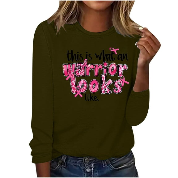 CLOISE Breast Cancer Blouses Women Long Sleeve Crewneck Tshirts Ribbon Pink Breast Cancer Survivor Gifts Tee Shirts Cute Comfy Shirts Cancer Support Clothes Army Green XL