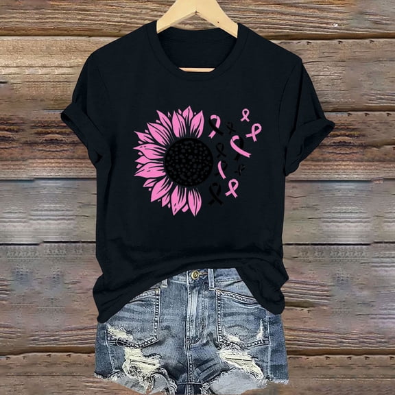 CLOISE Breast Cancer Blouses Women Short Sleeve Crew Neck Tshirts Sunflower Ribbon Oversized Breast Cancer Support Shirts Fashion Loose Blouses Cancer Awareness in October Outfits Black XL