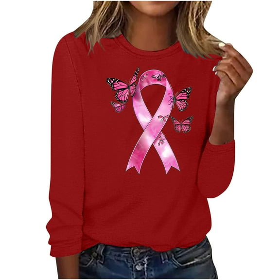 CLOISE Breast Cancer Shirts for Women Long Sleeve Crew Neck T Shirts Butterfly Ribbon Oversized Breast Cancer Fight Shirts Fashion Casual Blouses Cancer Survivor Gifts in October Outfits Red M