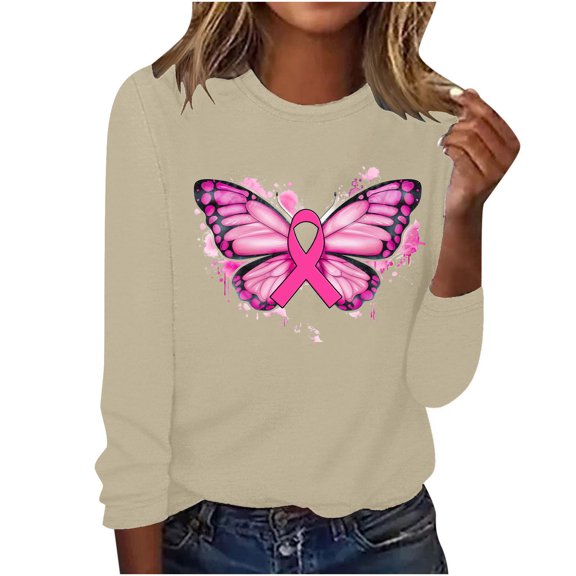 CLOISE Breast Cancer Shirts for Women Long Sleeve Crew Neck T Shirts Butterfly Ribbon Oversized Breast Cancer Fight Shirts Fashion Comfort Blouses Cancer Survivor Gifts in October Outfits Beige L