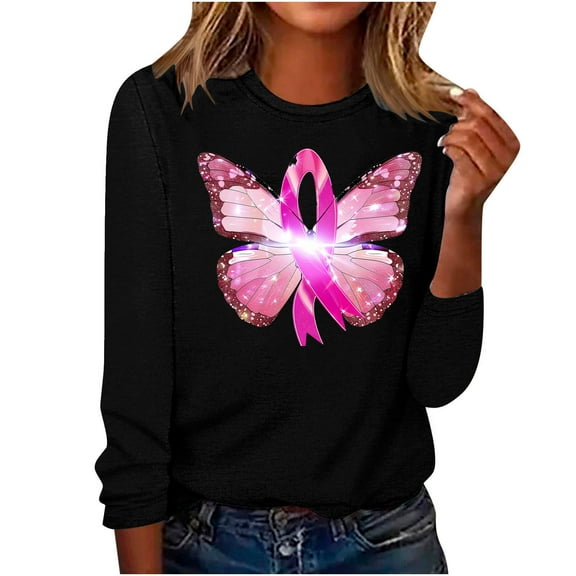 CLOISE Breast Cancer Shirts for Women Long Sleeve Crew Neck T Shirts Butterfly Ribbon Oversized Breast Cancer Support Shirts Fashion Comfy Blouses Cancer Awareness in October Outfits Black XL