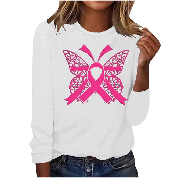 CLOISE Breast Cancer Shirts for Women Long Sleeve Crew Neck T Shirts Butterfly Ribbon Oversized Breast Cancer Support Shirts Fashion Comfy Blouses Cancer Awareness in October Outfits White XL