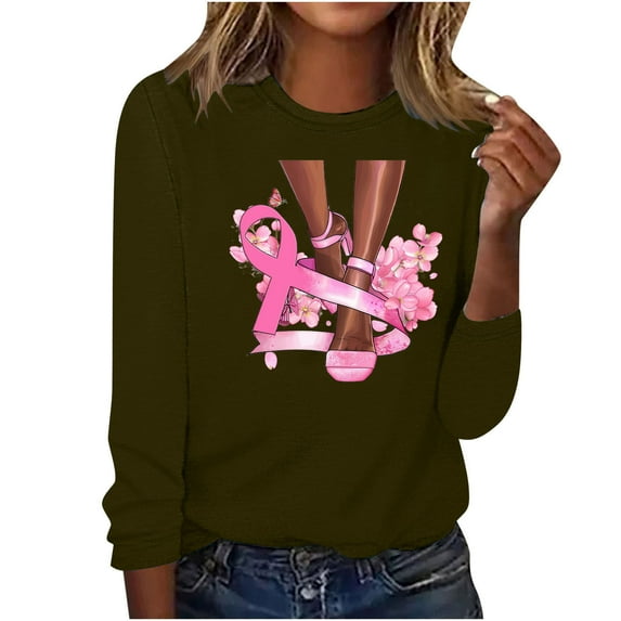 CLOISE Breast Cancer Shirts for Women Long Sleeve Crew Neck T Shirts Floral Ribbon Oversized Breast Cancer Support Shirts Fashion Casual Blouses Cancer Awareness in October Outfits Army Green M