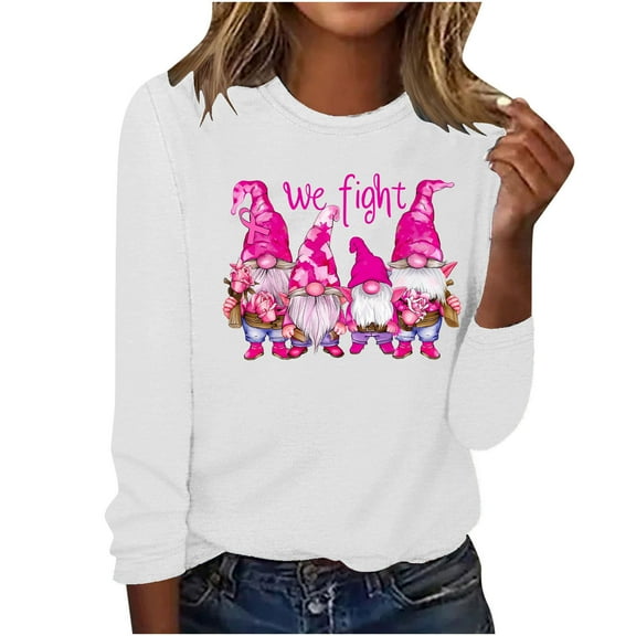 CLOISE Breast Cancer Shirts for Women Long Sleeve Crew Neck T Shirts Gnomes Ribbon Oversized Breast Cancer Fight Shirts Fashion Comfortable Blouses Cancer Survivor Gifts in October Outfits White 2XL