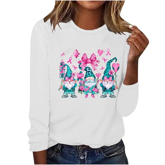 CLOISE Breast Cancer Shirts for Women Long Sleeve Crew Neck T Shirts Gnomes Ribbon Oversized Breast Cancer Support Shirts Fashion Comfy Blouses Cancer Awareness in October Outfits White XL