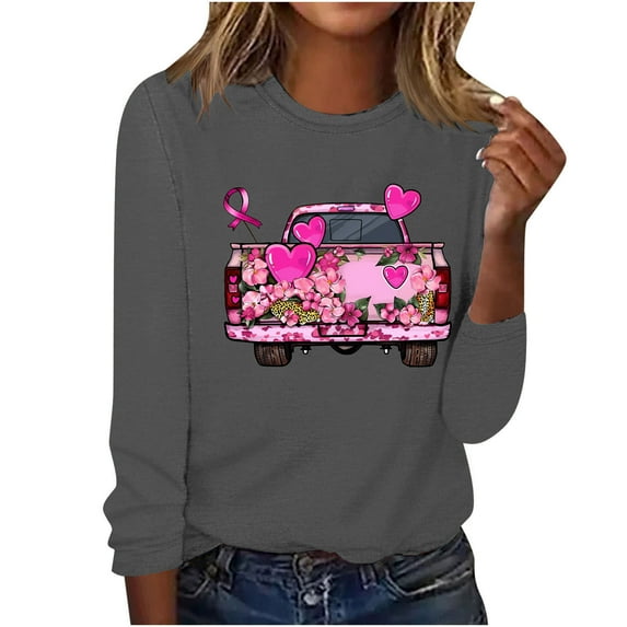 CLOISE Breast Cancer Shirts for Women Long Sleeve Crew Neck T Shirts Ribbon Oversized Breast Cancer Support Shirts Fashion Comfort Blouses Cancer Awareness in October Outfits Gray L