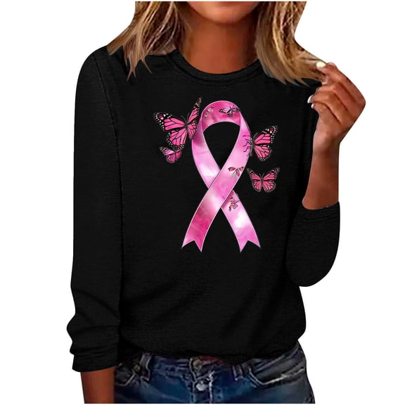 CLOISE Breast Cancer Shirts for Women Long Sleeve Crew Neck T Shirts Butterfly Ribbon Oversized Breast Cancer Support Shirts Fashion Comfy Blouses Cancer Awareness in October Outfits Black XL