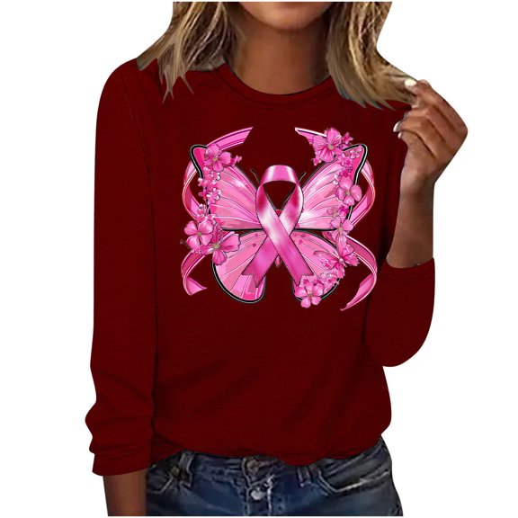 CLOISE Breast Cancer Shirts Women Long Sleeve Crewneck Shirts Butterfly Ribbon Oversized Breast Cancer Fight Tops Cute Casual Tshirts Cancer Survivor Gifts Outfits Wine M