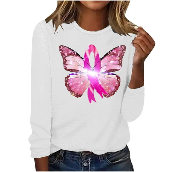 CLOISE Breast Cancer Shirts Women Long Sleeve Crewneck Shirts Butterfly Ribbon Oversized Breast Cancer Fight Tops Cute Comfort Tshirts Cancer Survivor Gifts Outfits White L