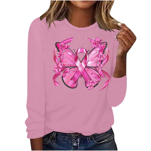 CLOISE Breast Cancer Shirts Women Long Sleeve Crewneck Shirts Butterfly Ribbon Oversized Breast Cancer Fight Tops Cute Comfort Tshirts Cancer Survivor Gifts Outfits Pink L