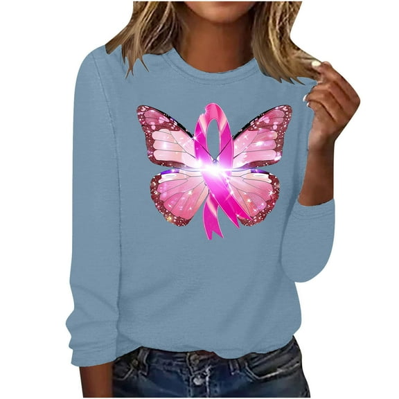 CLOISE Breast Cancer Shirts Women Long Sleeve Crewneck Shirts Butterfly Ribbon Oversized Breast Cancer Fight Tops Cute Comfortable Tshirts Cancer Survivor Gifts Outfits Blue 2XL