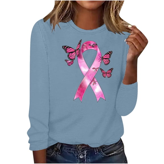 CLOISE Breast Cancer Shirts Women Long Sleeve Crewneck Shirts Butterfly Ribbon Oversized Breast Cancer Fight Tops Cute Comfortable Tshirts Cancer Survivor Gifts Outfits Blue 2XL