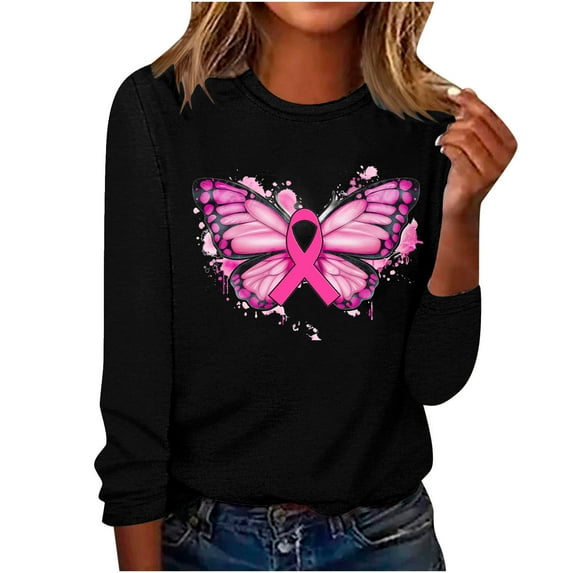 CLOISE Breast Cancer Shirts Women Long Sleeve Crewneck Shirts Butterfly Ribbon Oversized Breast Cancer Fight Tops Cute Loose Tshirts Cancer Survivor Gifts Outfits Black S