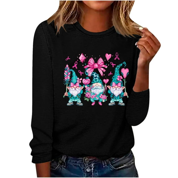 CLOISE Breast Cancer Shirts Women Long Sleeve Crewneck Shirts Gnomes Ribbon Oversized Breast Cancer Fight Tops Cute Comfort Tshirts Cancer Survivor Gifts Outfits Black L