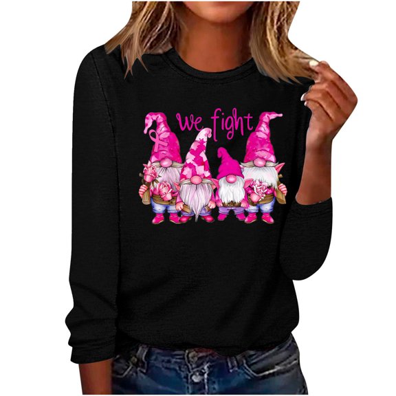 CLOISE Breast Cancer Shirts Women Long Sleeve Crewneck Shirts Gnomes Ribbon Oversized Breast Cancer Fight Tops Cute Loose Tshirts Cancer Survivor Gifts Outfits Black S