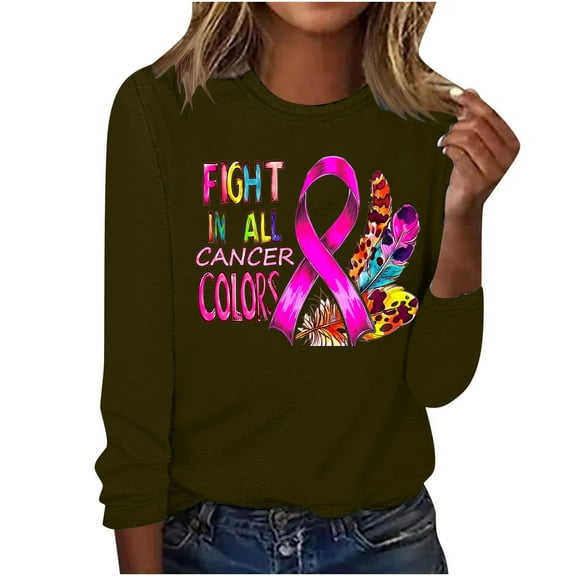 CLOISE Breast Cancer Shirts Women Long Sleeve Crewneck Shirts Ribbon Oversized Breast Cancer Support Tops Cute Comfy Tshirts Cancer Awareness Outfits Army Green XL