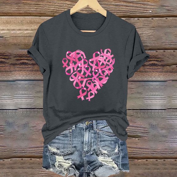 CLOISE Breast Cancer Shirts Women Short Sleeve Crew Neck Shirts Heart Ribbon Pink Breast Cancer Survivor Gifts Tshirts Fashion Loose T Shirts Cancer Support in October Clothes Gray XL