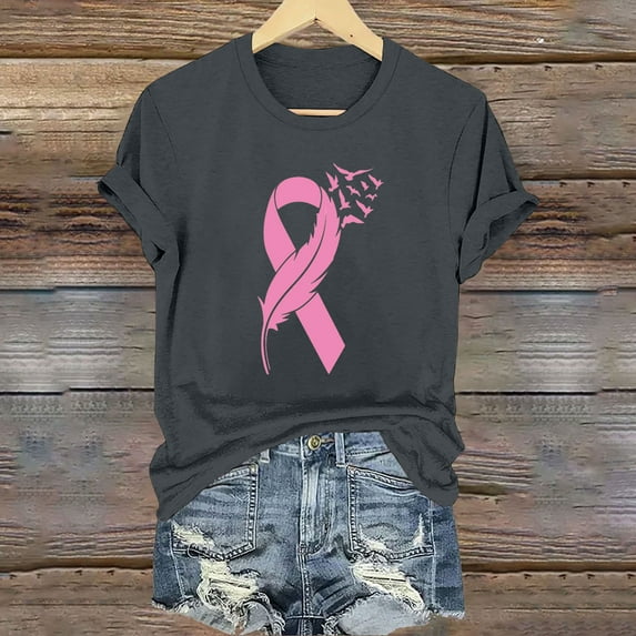 CLOISE Breast Cancer Shirts Women Short Sleeve Crew Neck Shirts Ribbon Pink Breast Cancer Survivor Gifts Tshirts Fashion Comfort T Shirts Cancer Support in October Clothes Gray 2XL