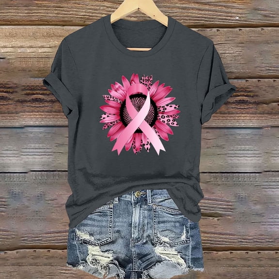 CLOISE Breast Cancer Shirts Women Short Sleeve Crew Neck Shirts Sunflower Ribbon Pink Breast Cancer Awareness Tshirts Fashion Casual T Shirts Cancer Fight in October Clothes Gray S